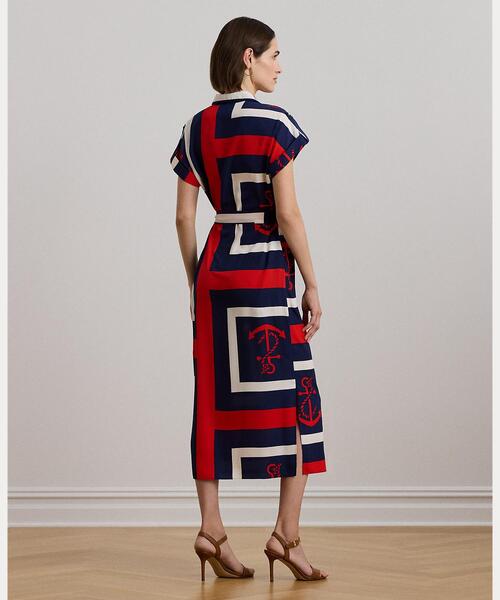 【RALPH LAUREN】ベルト付き クレープ ピンタック シャツドレス LAUREN RALPH LAUREN アンカープリント ベルテッド クレープ