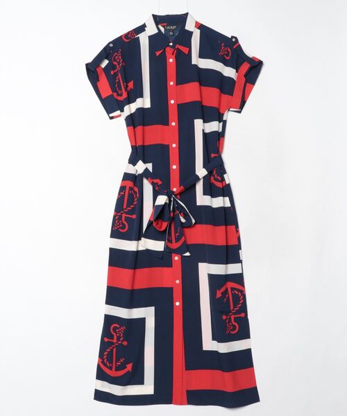 優雅な印象*LAUREN RALPH LAUREN*アンカープリント シャツドレス LAUREN RALPH シャツワンピース アンカープリント ベルテッド