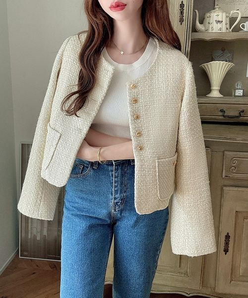 「Meiru」 ツイードジャケット SMALL アイボリー レディース_画像5