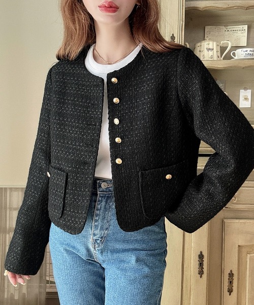 「Meiru」 ツイードジャケット SMALL アイボリー レディース_画像9