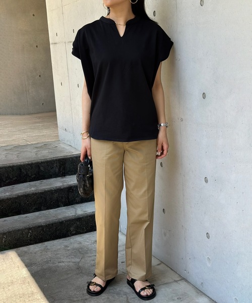 tシャツ キーネックオーバープルオーバー レディース Emma Taylor tシャツ ライトダンボールサイドスリットキーネック