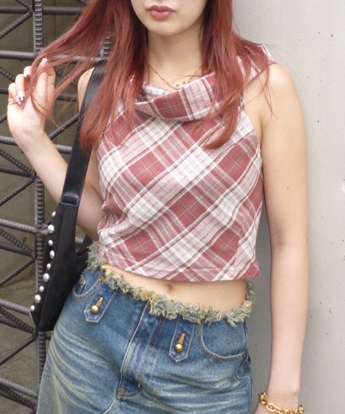 tシャツ フーデッドドレープチェックタンク レディース
