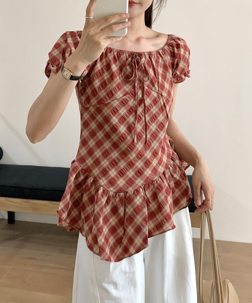 Lace Ladies ブラウス シャツ フロントリボン チェック柄