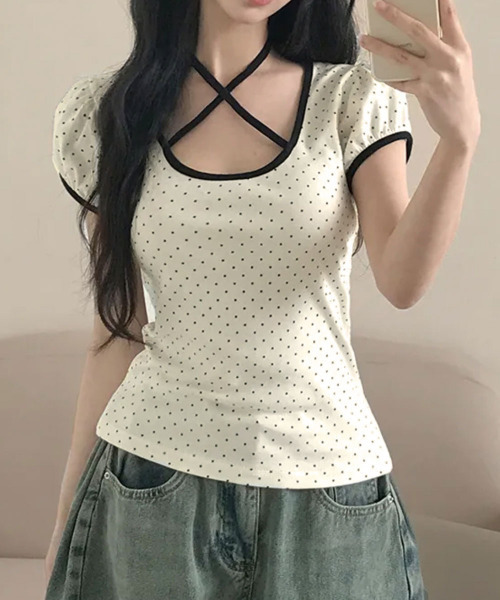 tシャツ 水玉柄パフスリーブ半袖Tシャツ レディース : ZOZOTOWN Yahoo
