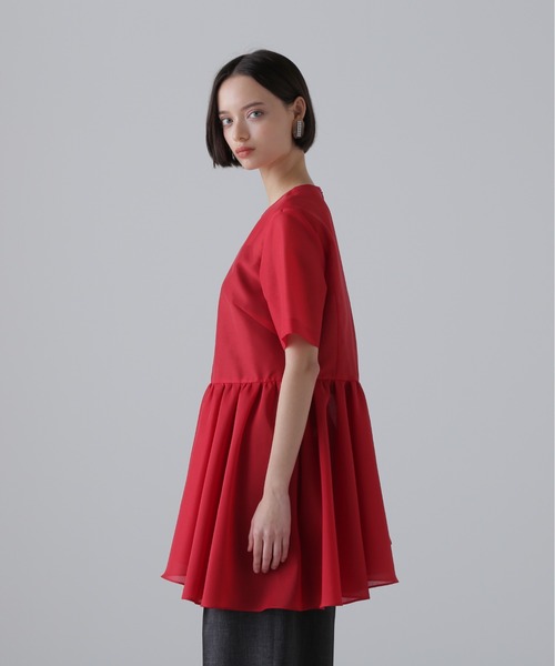 ADORE アドーア レッド ブラウス 裾ギャザー 半袖 Mサイズ プルオーバー ADORE（アドーア） ブラウス シャツ スパンオーガンジーブラウス