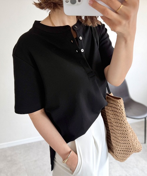 tシャツ 「NOAHL」「accoさんコラボ」ストレッチコットンヘンリーネックTシャツ レディース