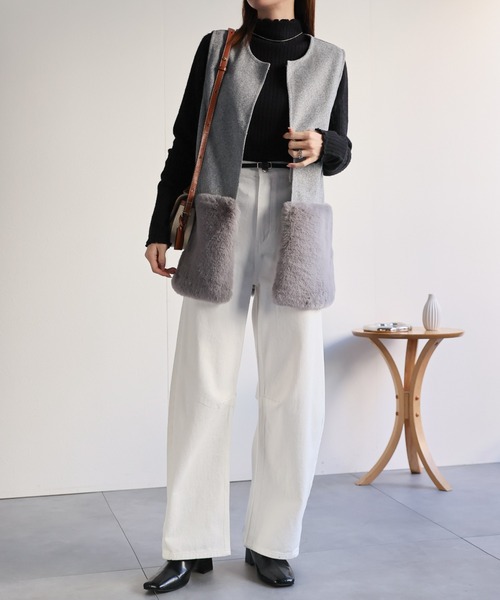 AMERICANRAGCIE ウール　ジレ　ベスト　リアルファー　グレー　M sakishimatokyo ベスト ジレ ウールライクベスト/ファー切り替え