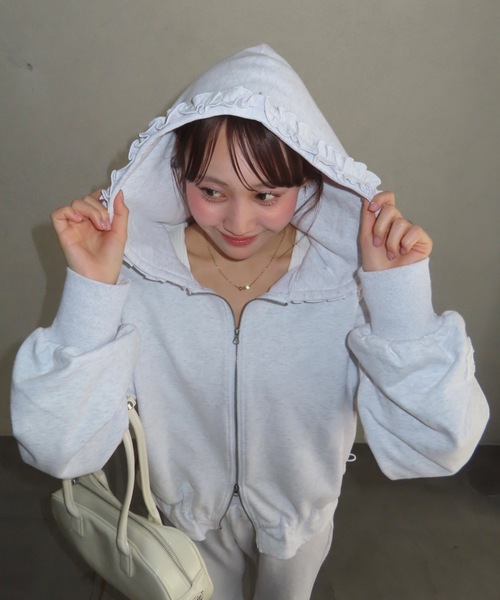 ラメココジップアップフーディー グレー Lallana（ララーナ） パーカー lame coco frill zip-up hoodie/ラメ