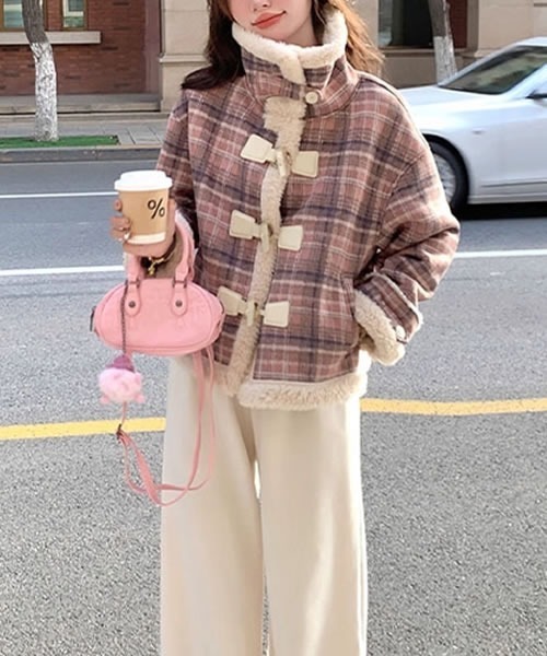 ダッフルコート コート スタンドカラー チェック柄 ボア レディース
