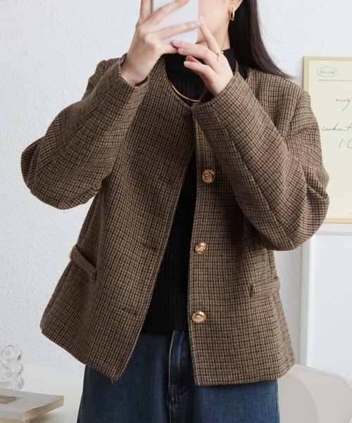 「MAISON DE THERESE」 ノーカラージャケット FREE カーキ レディース_画像5