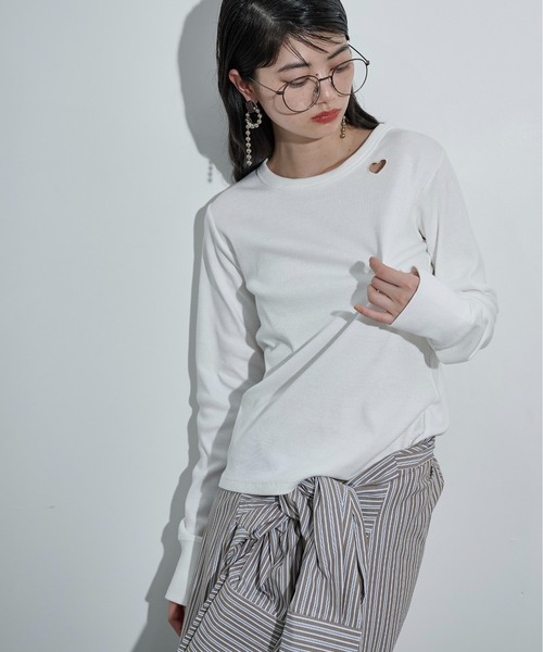 現行✨ バレンタイン Tシャツ パンチング 半袖ニット M ホワイト系 THE Yon tシャツ ハートパンチングリブロンT レディース : ZOZOTOWN