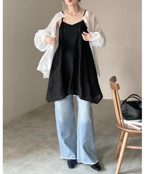 45R インディゴ バチストカットワークキャミソール コットン100% 日本製 She's Closet キャミソール アシンメトリー ロング丈 刺繍 カット