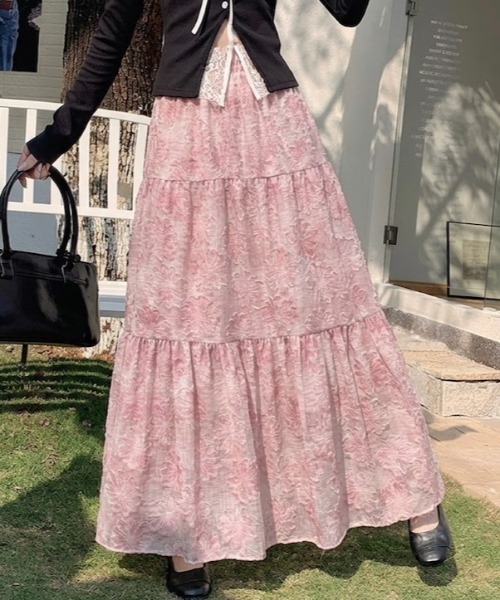ロング スカート 刺繍花柄ロングスカート フレアスカート 春 高見え