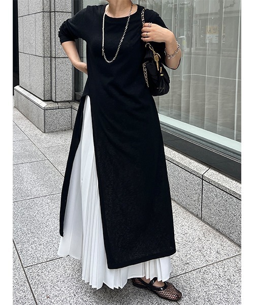 リラクス 未使用品 ハイネック バイカラー スリット ワンピース 白黒 36 Cura Closet ワンピース 「loverara.loverara コラボ」シアーハイ