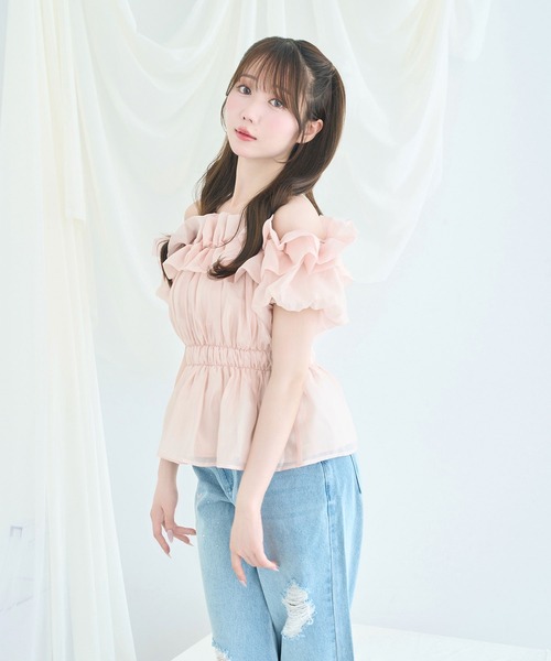 Rose Muse（ロゼミューズ） Sheer gather off shoulder tops
