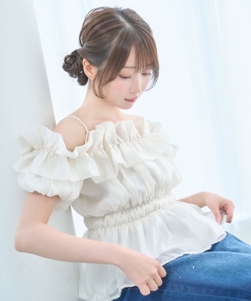 Rose Muse（ロゼミューズ） Sheer gather off shoulder tops