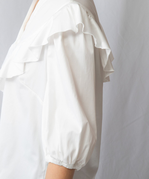 【NARA CAMICIE】イタリア製　シャツ　ブラウス　トップス　ストレッチ セール】 【NARACAMICIE】ストレッチストライプフリル衿半袖