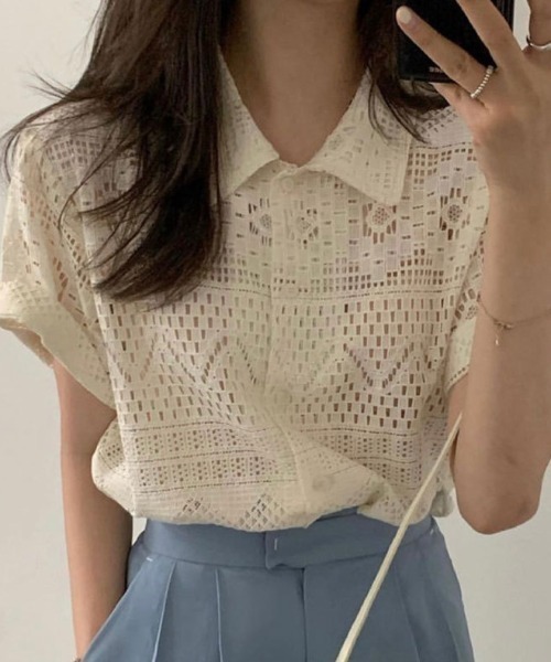 tシャツ レースポロ襟半袖トップス レディース