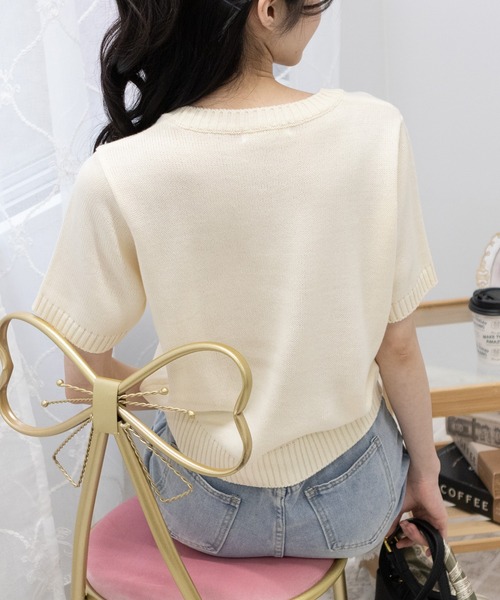 リボン付きクリーム色半袖ニット pumpkin port ニット セーター リボン柄半袖ニット トップス