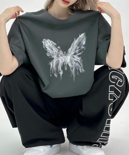 LADY LIKE tシャツ バタフライプリントオーバーサイズTシャツ