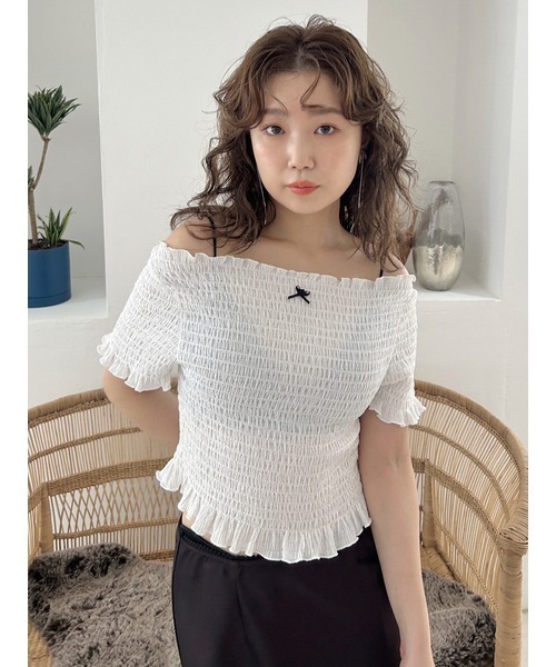 LILY BROWN tシャツ シャーリングリボンクロップドトップス レディース 