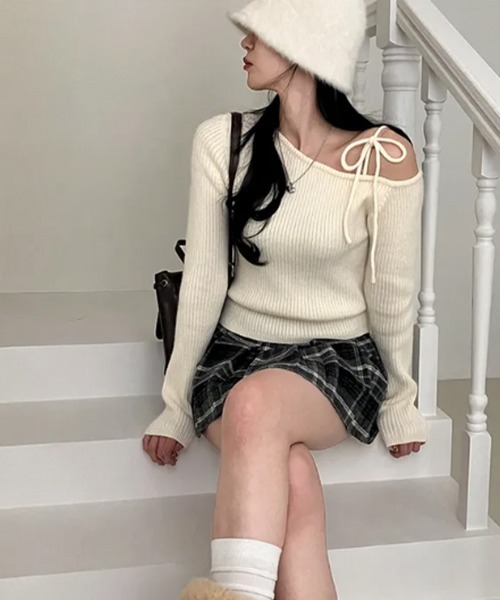 ニット セーター 肩開き リボンニット アシンメトリー リボン