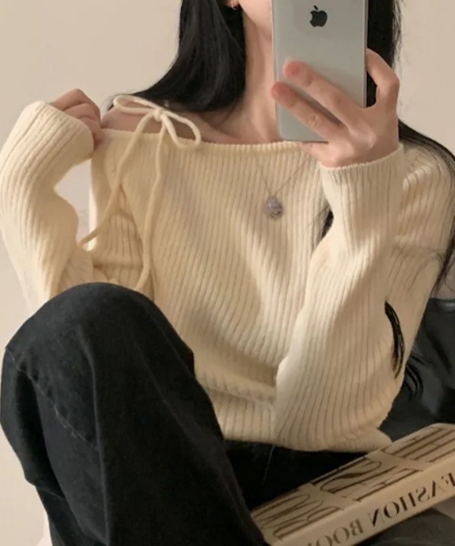 ニット セーター 肩開き リボンニット アシンメトリー リボン