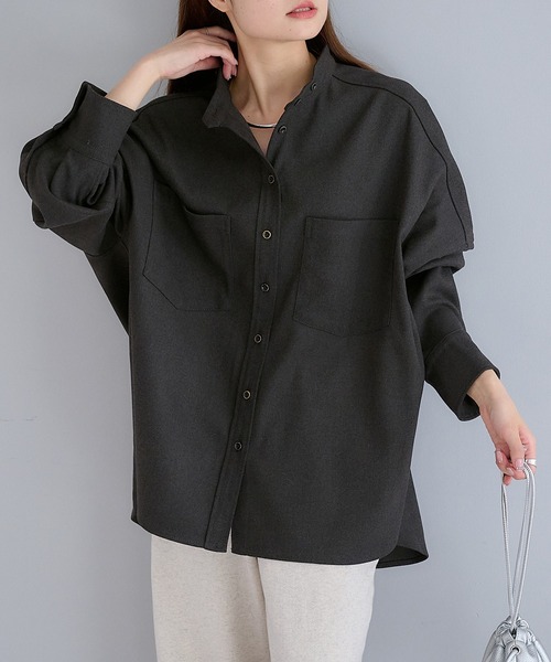 pual ce cin ブラウス シャツ TR起毛バンドカラーシャツ