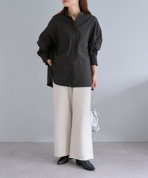 pual ce cin ブラウス シャツ TR起毛バンドカラーシャツ