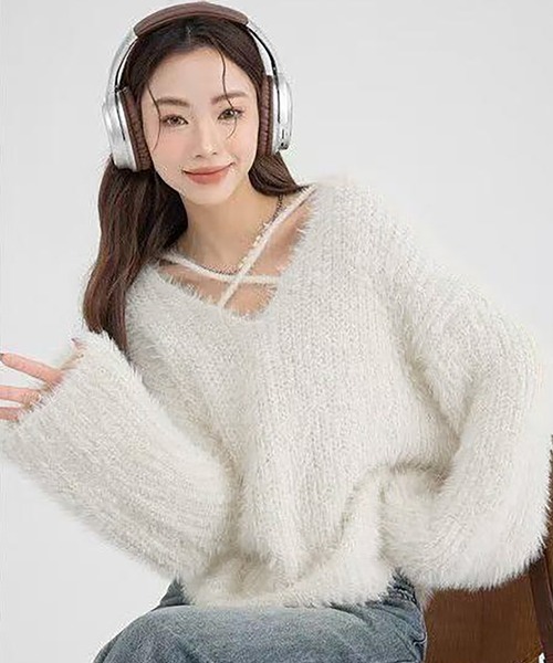 AsheKsha ニット セーター ふわふわクロスリボンセーター レディース