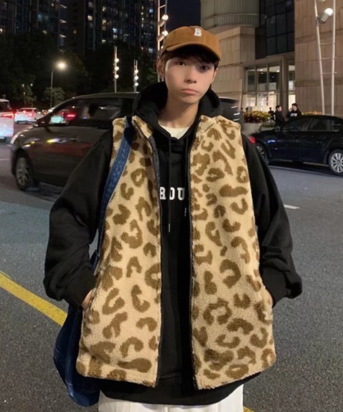 割引発見 ベスト NOWLE ジレ メンズ ZIPベスト 起毛 「NOWLE」豹柄 ジャケット・アウター