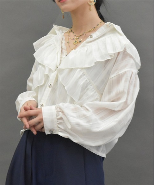 axes femme POETIQUE ブラウス シャツ シアーチェックフリルシャツ