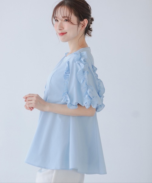 fitmore フィットモア　チュールレースフリルブラウス　POPUP限定ブルー セール】【ZOZO限定商品】チュールレースフリルブラウス（Tシャツ