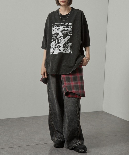 【関税込】 ニット 半袖 Tシャツ - ブラック tシャツ 「Alfred Alex」ヴィンテージ加工ロックプリント半袖T