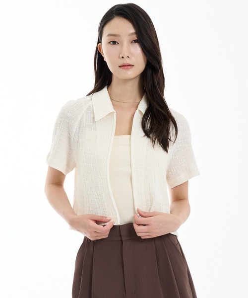 PUBLIC TOKYO tシャツ スラブリブフロントジップTOP レディース