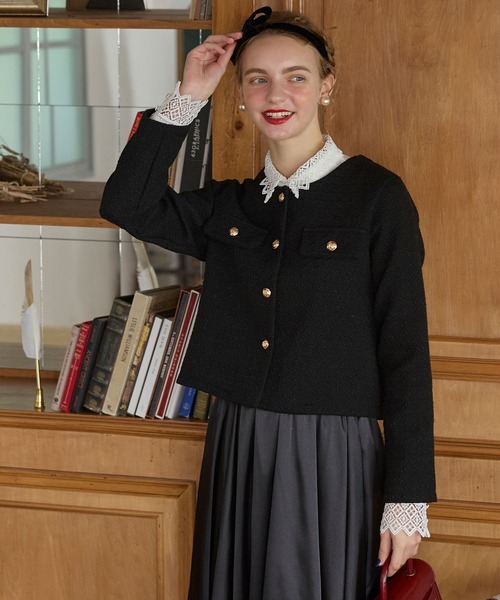 未使用級✨ルネ パール ジップ ノーカラー フリル ジャケット ブラック ニット FEKETE（フェケテ） スーツ NO COLLAR FRILL JACKET / ノーカラー