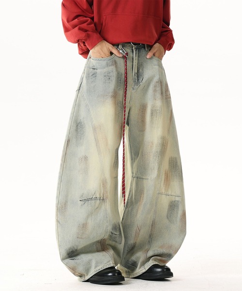 ジーンズ 紐飾り付きウォッシュデニムバルーンパンツ メンズ