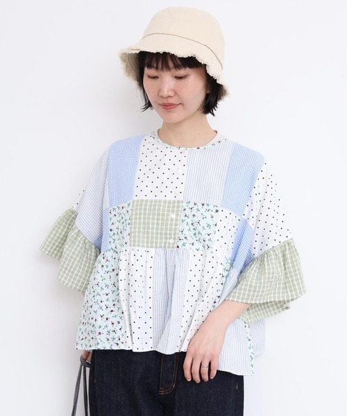 latelier du savon エプロンパッチワークブラウス l'atelier du savon 》手描きチェックのパッチワークブラウス : l