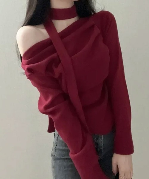 tシャツ チョーカー付き ドレープワンショルダートップス レディース