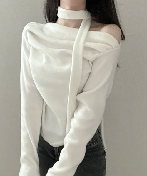 tシャツ チョーカー付き ドレープワンショルダートップス レディース 