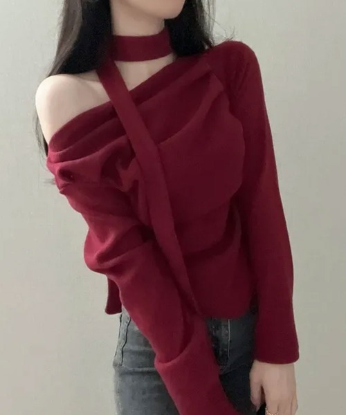 tシャツ チョーカー付き ドレープワンショルダートップス レディース