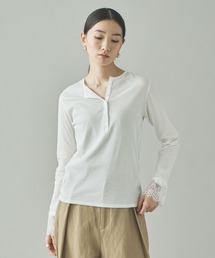 Curensology 白 レースデザイン 長袖シャツ Curensology（カレンソロジー） tシャツ /ヘンリーレースロング