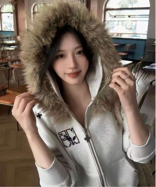 gossip!ロサンゼルス パーカー Y2K ファー付きフードゆったり