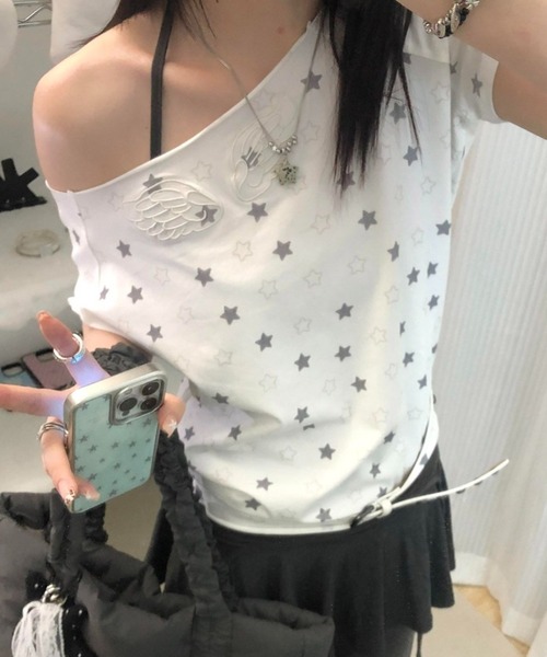 lilful tシャツ 半袖 「26年春夏新作」羽刺繍 星ドット柄 ワン