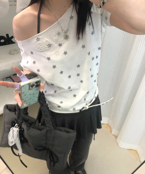 lilful tシャツ 半袖 「26年春夏新作」羽刺繍 星ドット柄 ワン