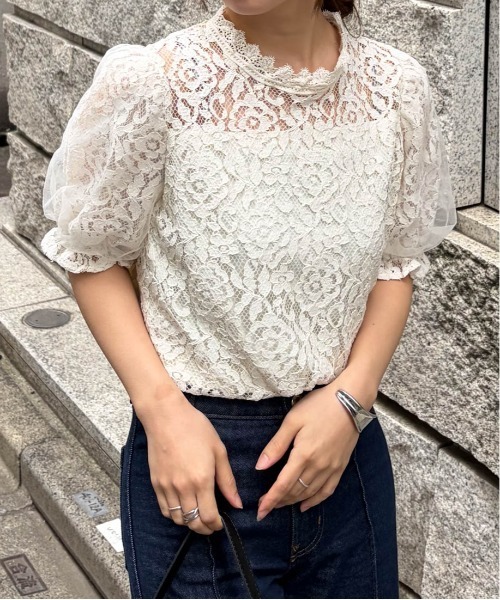 RANAN（ラナン） ブラウス シャツ 夏 半袖 チュールドッキングフラワー 
