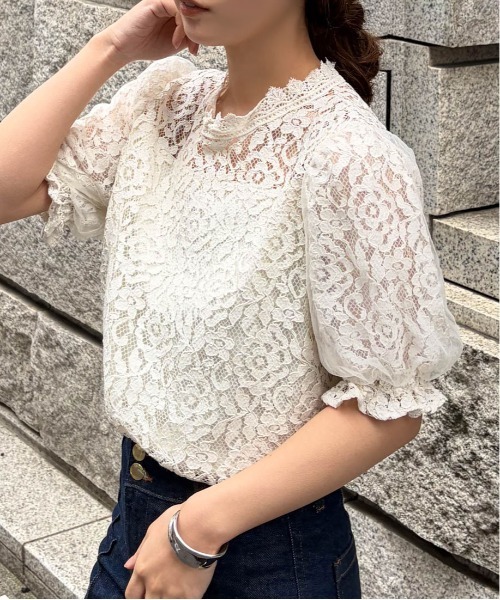 RANAN（ラナン） ブラウス シャツ 夏 半袖 チュールドッキングフラワー
