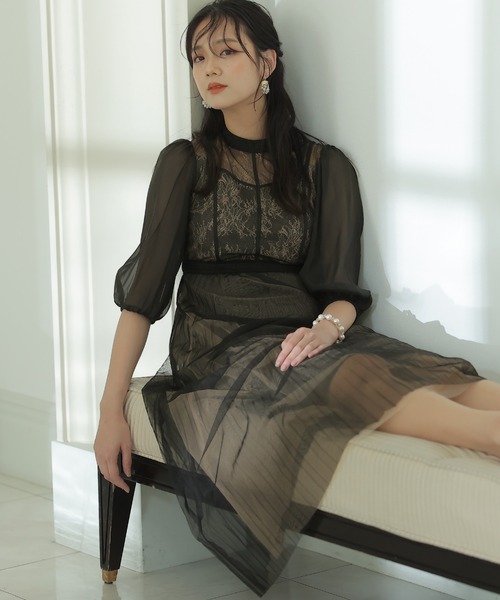 PourVous ドレス 結婚式 パーティードレス シフォン七分袖