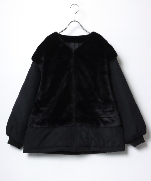 ジャケット ノーカラージャケット フェイクファーベスト×キルティング