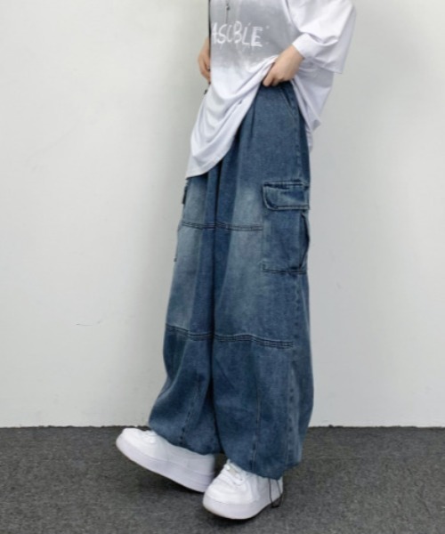 ワイドカーゴデニム ワイドパンツ カーゴパンツ デニムカーゴパンツ ユニセックス